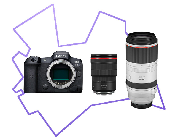 Canon 5R camera met RF 15-35mm en RF 100-500mm lenzen | Camera Huren Utrecht logo op achtergrond