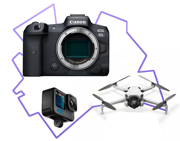 Canon R5 body of DJI Drone met Camera Huren Utrecht logo