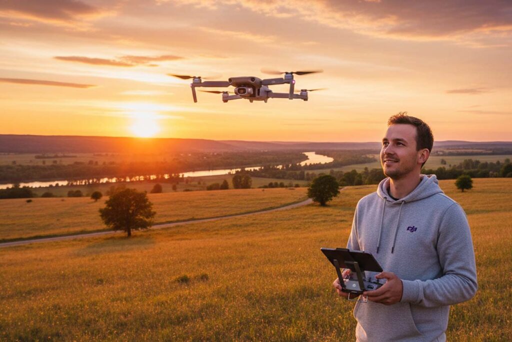 Persoon bedient drone met afstandsbediening terwijl drone in de lucht vliegt voor drone vliegen categorie bij Camera Huren Utrecht